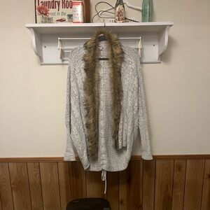 Women's Gray Cardigan with Faux Fur Trim